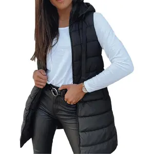 2025 Women's Plus Size Up to 5XL Solid Black Cotton Puffer Vest Sleeveless Hooded Mid-Length Quilted Zipper Winter Outerwear Fitted Minimalist Tops