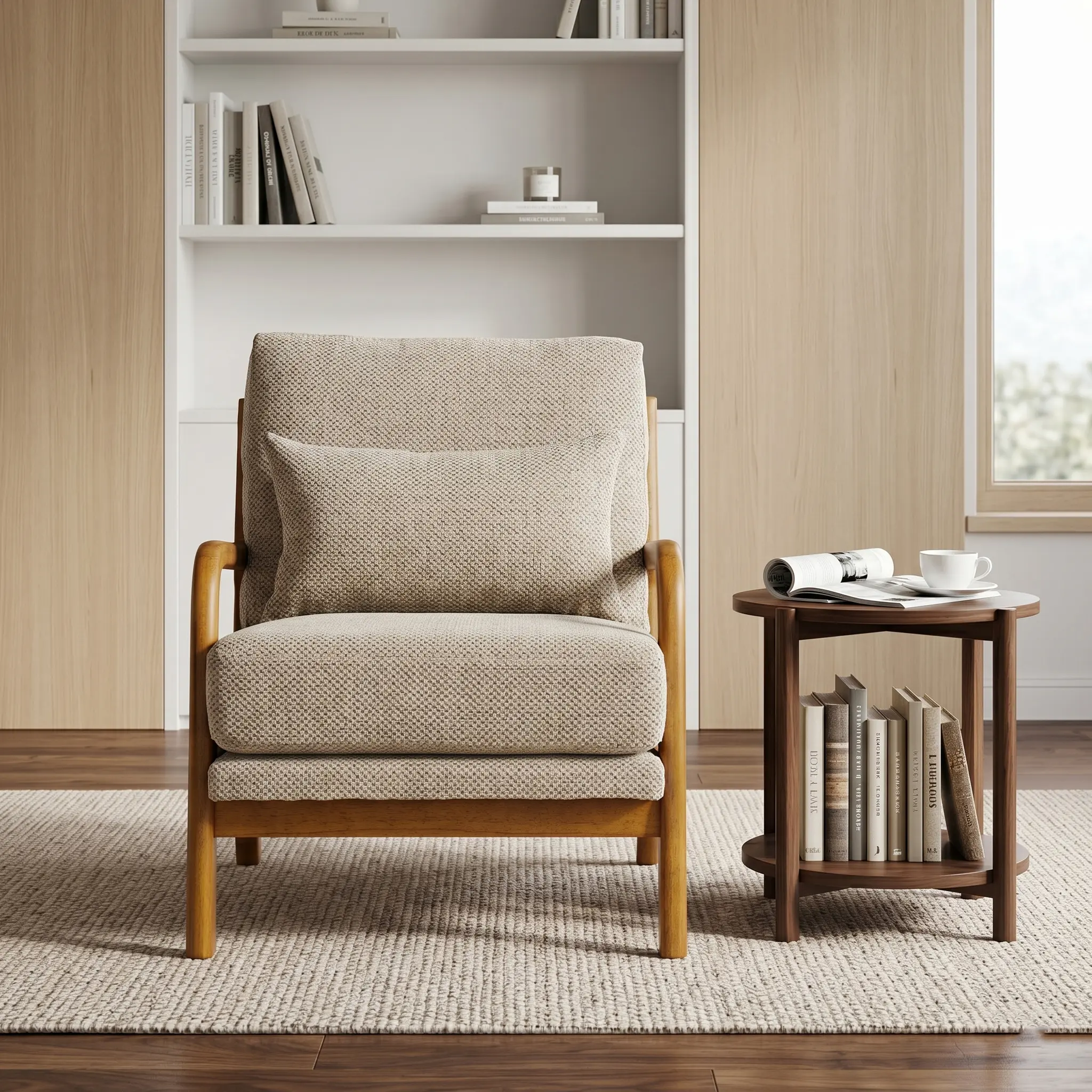 Mid-Century Modern Wooden Lounge Accent Chair, Nubby Textured Fabric Foam Padded Leisure Chair with Solid Wood Armrests, Ergonomic Reading Chair for Living Room Bedroom Balcony, Camel/Coffee/Dark Green/Black/Light Grey/Dark Grey
