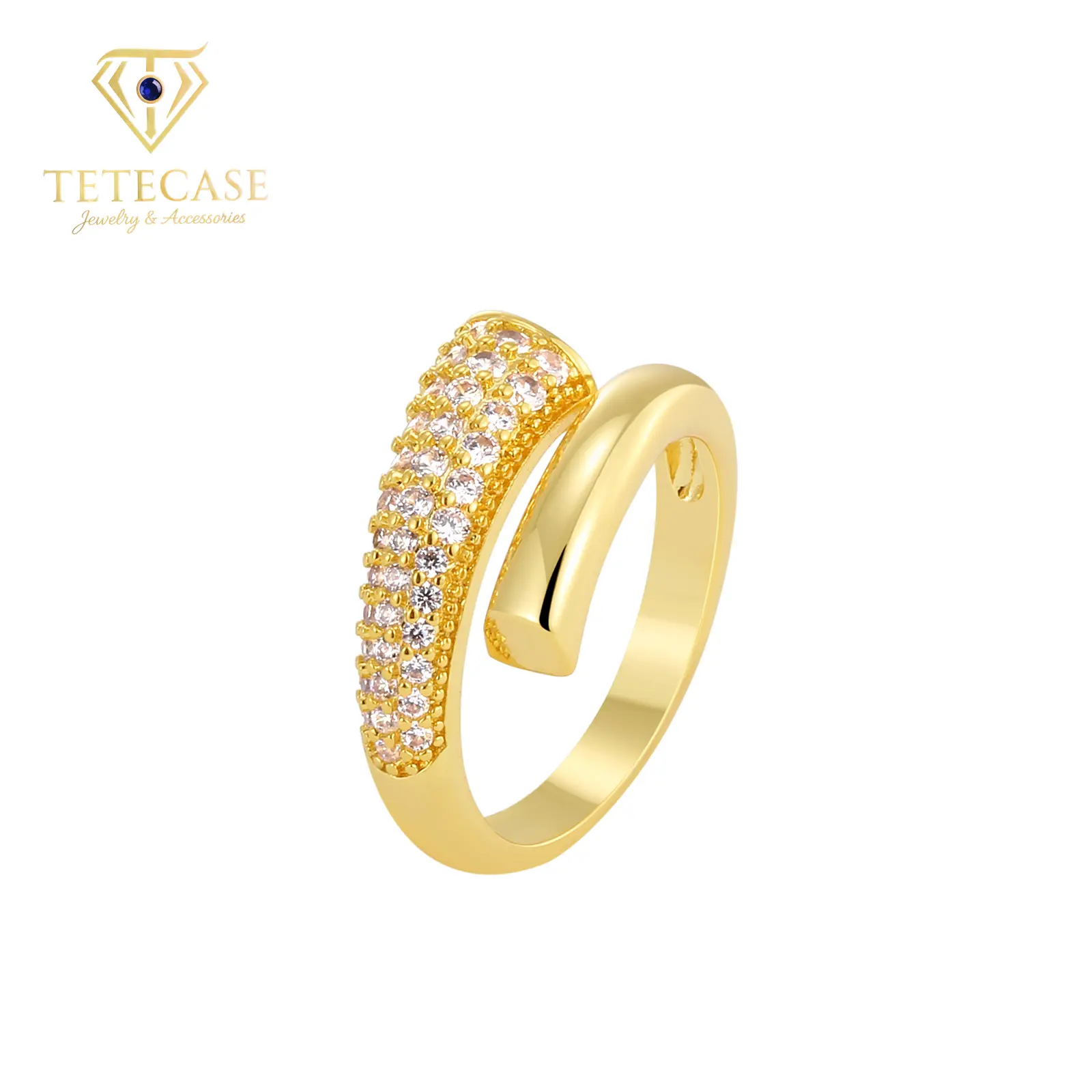 TETECASE 18K Real Gold Plated Wrap Ring, Tarnish-Free, Pave Cubic Zirconia Open Band, Water-Resistant, Hypoallergenic, Eco-Brass Jewelry for Women
