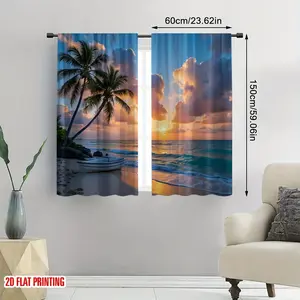 2-Piece Set Tropical Beach Sunset Curtains - Blackout Curtains with Palm Trees, Waves, and Sunset Design, Bedroom - Machine Washable Polyester Fabric, Gold, Orange, Pink, Purple, Green - Modern Coastal Decor Curtains