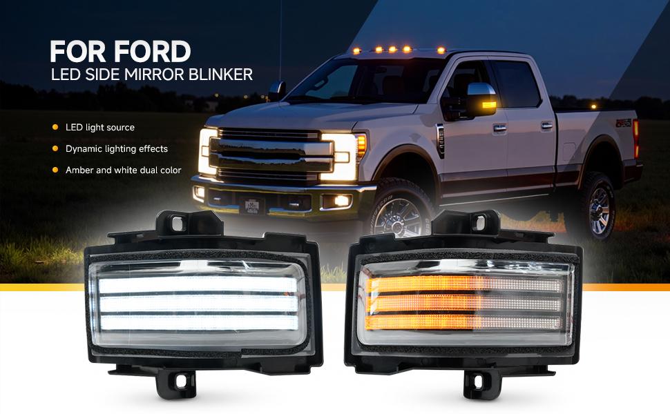 SUNPIE 2PCS Sequential LED Side Mirror Marker Lights, Amber Dynamic Blinker & White DRL, Waterproof ABS Clear Lens for Ford F150 2015-2023, F250-F550 Super Duty 2017-2026