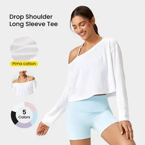 GLOWMODE Pima Cotton Cropped One-Shoulder Drop Shoulder Tee Daily Casual