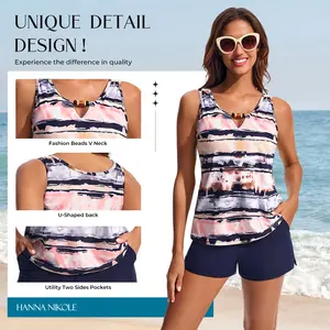 【S-2XL】Hanna Nikole Women 2 Piece Tankini Swimsuits Modest Bathing Suit Beads V Neck Swimwear with Sporty Swim Shorts Pockets