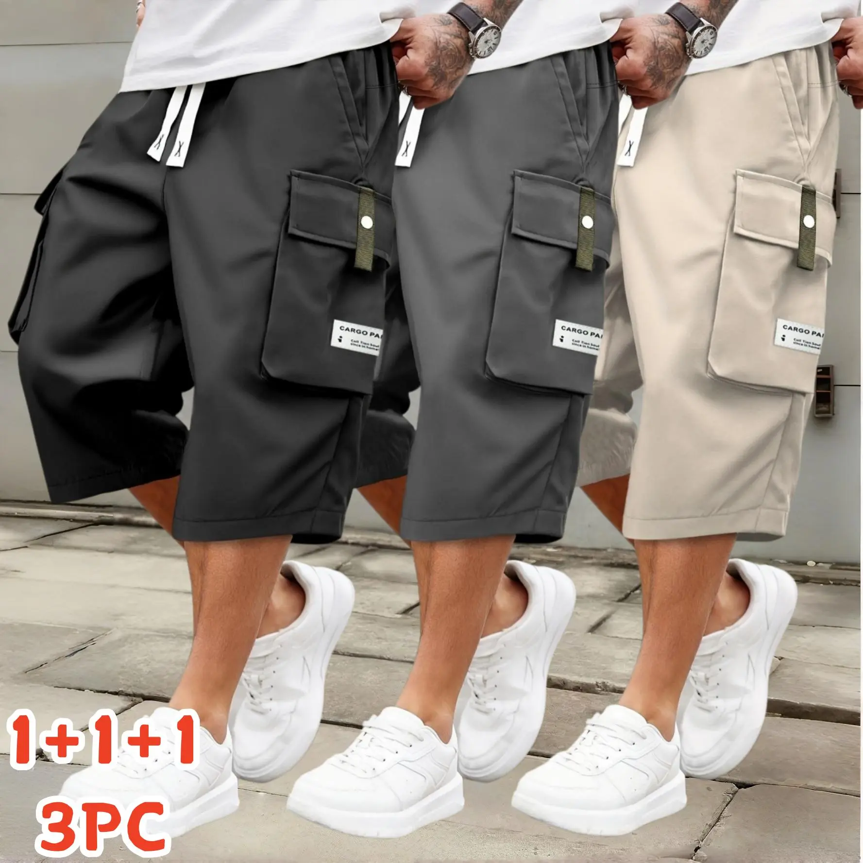 Men’s Knee Length Cargo Capri Shorts, Lightweight Quick Dry 7 Inch Below Knee Utility Shorts with Multi Pockets, Elastic Drawstring Waist Casual Streetwear Shorts, Solid & Camo Loose Fit Summer Outdoor Work Shorts for Daily Hiking Travel