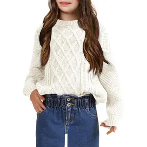 Clearlove Girls Long Sleeve Cable Knit Sweater Crew Neck Pullover Sweaters Kids Casual Fall Jumper Tops, White - 150