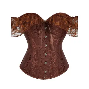 Lace short-sleeved fitted corset top, floral lace patch, steel waistband, square mesh front buckle, carnival style, women’s, women’s clothing GARMENTARY