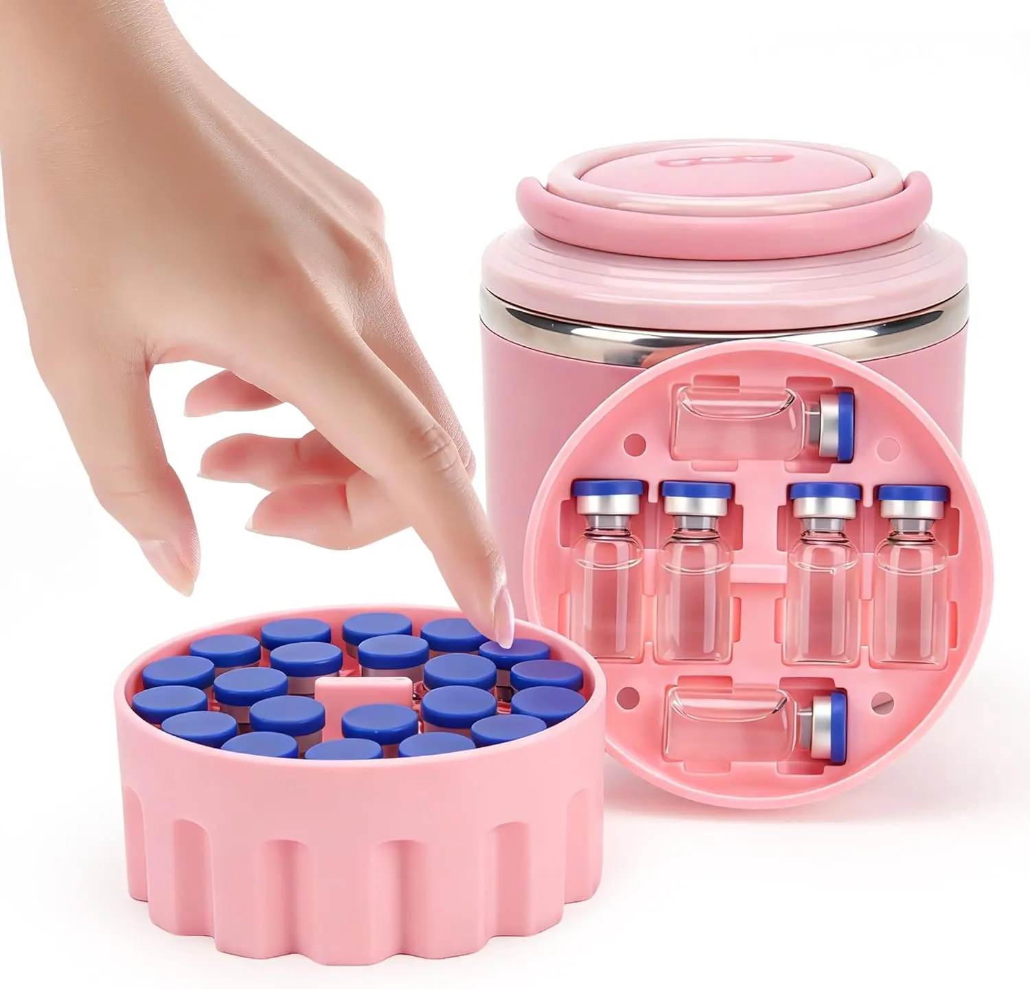 3ml Vial Inserts with Food Jar, Holds Up to 27 Vials, Portable Peptide Container with Soft Vial Insert, Ideal for Diabetic Medication, Fridge & Travel Organization, Pink (Vials Not Included)