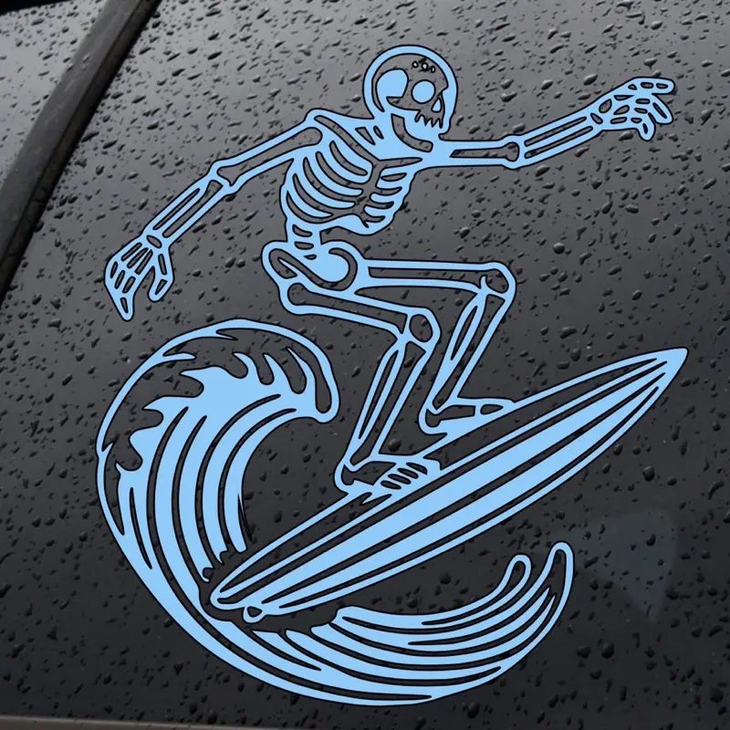 Handmade Surfing Skeleton 1 Car Sticker, 4.5"x5" Multi-Surface Waterproof Self-Adhesive Vinyl Decal, Long-Wearing All-Seasons Automotive Exterior Accessory, Customizable Color-Size for Decoration (Trucks, SUVs)