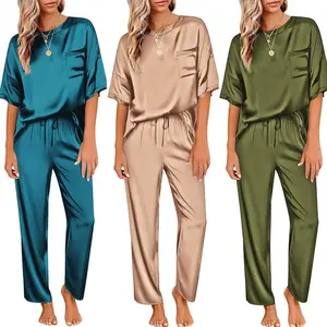 Women's Satin Silky Peacock Blue Dopamine Style Summer Loungewear Short-sleeved Shirt Long Pants Suit in Nylon Fabric S M L XL XXL Set Pajama Fall/Winter Pattern Bear Nightwear Trouser - Army, Womenswear