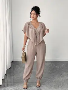 Plus Size Women's Elegant Jumpsuit, Short Sleeve Lace Striped Design, High Waist Loose Fit, Comfortable and Stylish for Daily Wear