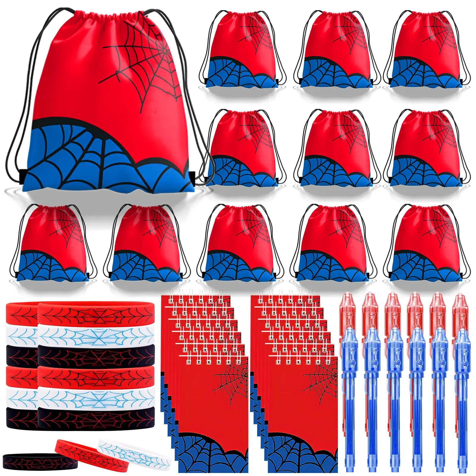Spider Theme Party Favors Set for Birthday & New Year's Eve, Lightweight Mini Goodie Bag Stuffers for Children - Includes Drawstring Bags, Notebooks, Silicone Bracelets, Highlighters