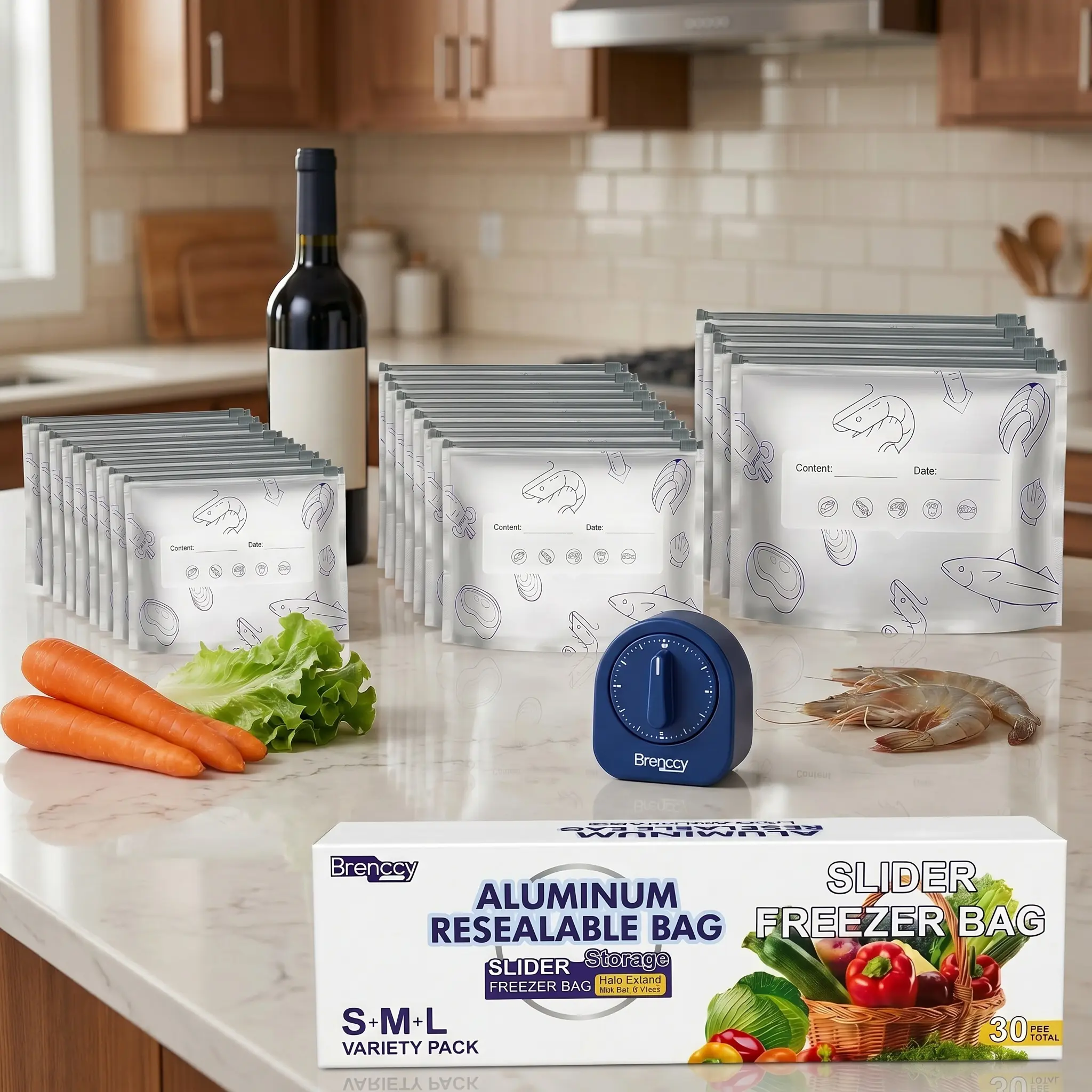 30PCS Multi-Size Reusable Aluminum Foil Food Storage Bags - BPA-Free Resealable Vacuum Zippered Containers, Airtight Leak-Proof Stackable Stand-Up Freezer Pouches with Label Slots for Kitchen Meal Prep, Packing Lunches