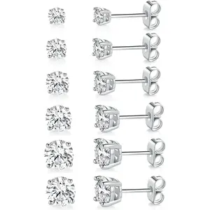 18K White Gold Plated 4 Pong Round Clear Cubic Zirconia Stud Earring Pack of 6 Pairs (6 Pairs)