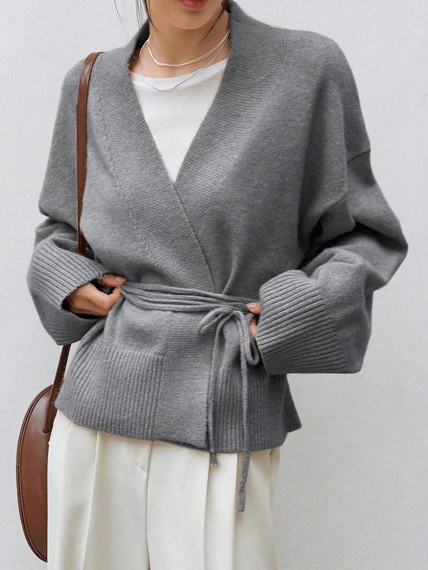 Less Drop Shoulder Belted Cardigan casual cardigan cozy fall warm cardigan woman top v neck cardigan woman adorable  knitwear