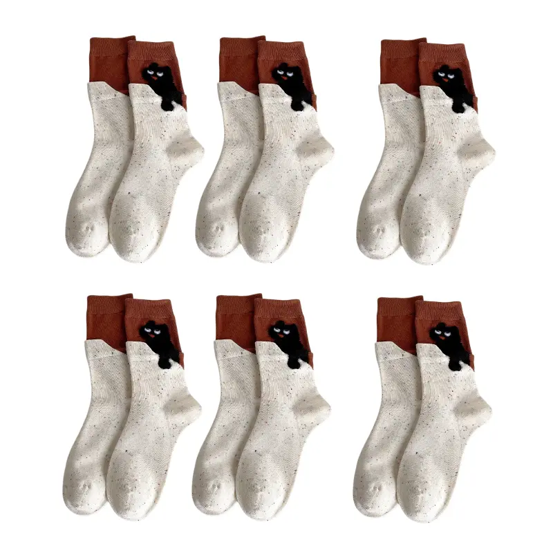 Cute 3D Flocked Cat Crew Socks for Women, Soft Combed Cotton Ankle Socks, Kawaii Autumn Winter Warm Seamless Toe Socks