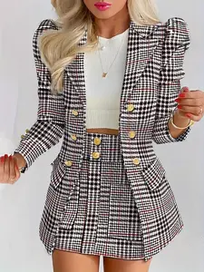Ladies Fashion Casual Slim Suit Two-piece Plus-size Suit, Plaid Pattern Elegant Skirt Suit With Buttons, Lapel Long Sleeve Suit Jacket And High Waist Skirt