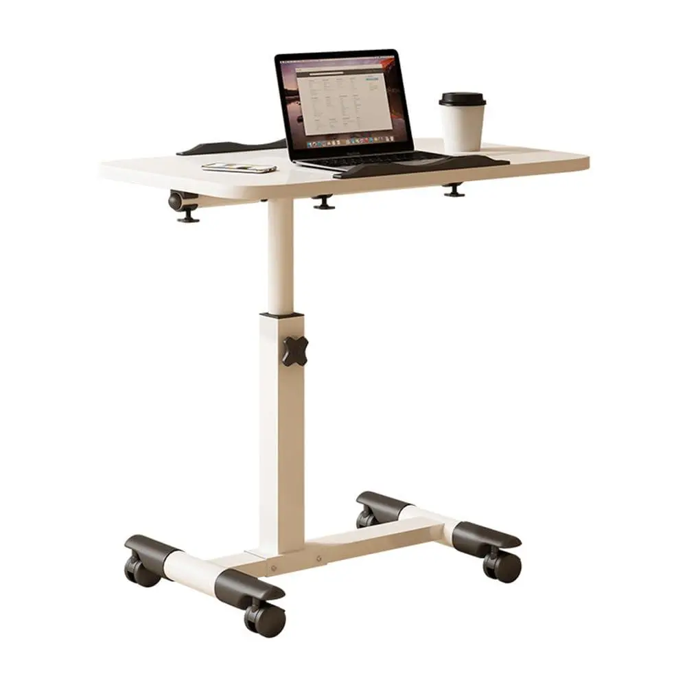 White Folding Adjustable Work Table with Wheels - 27.2-35.4" Height-Adjustable Metal Frame Computer Table, Portable Mobile Overbed Aid for Home Daily Living, Easy & Smooth to Clean