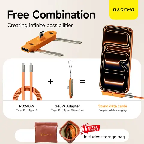 Basemo 240W SuperCharge Durable 2-in-1 Detachable USB-C Power Cable Charger - Zinc Alloy Silicone Type-C Cable, 360° Rotating Invisible Stand, Single-Head Adapter for Smartphones, Ideal for Gaming & Car Use