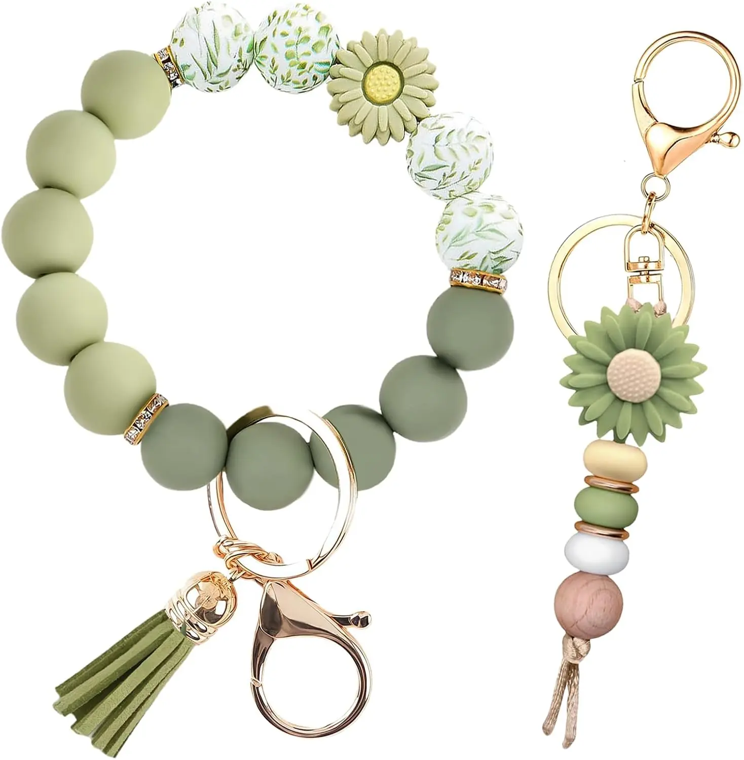 2PCS Bracelet Key Ring Set, Cute Car Key chain Wristlet, Silicone Beaded Bangle keyChains for Women Girls