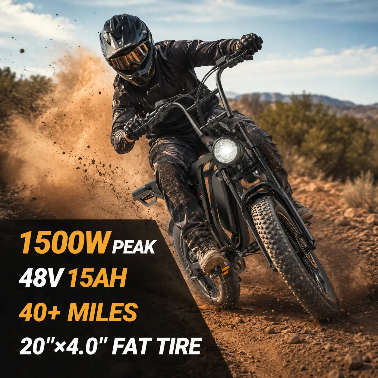 1500W adult electric bike with all-terrain fat tires and full suspension. This e-bike is equipped with an LED headlight and a removable battery. Boasting strong power,  outdoor adventures and excursions. bicicleta de bateria mph speed powerful
