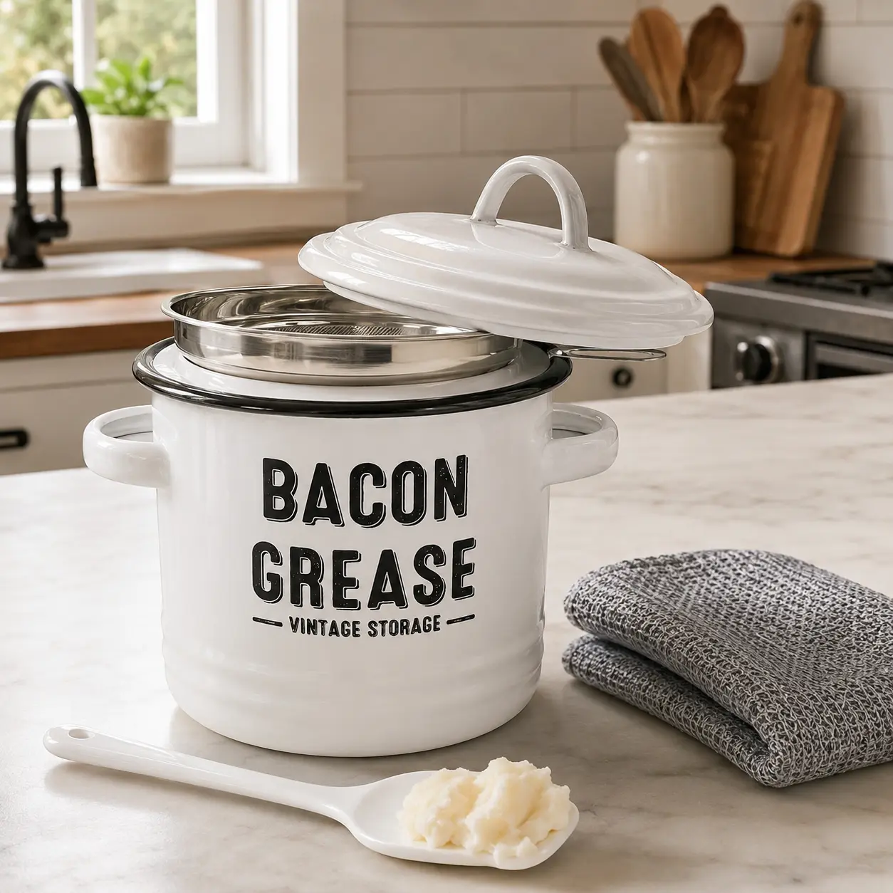 Vintage Bacon Grease Container Set, 46oz Grease Keeper with Strainer, Lid, Spatula & Cleaning Cloth, Red White Blue Green