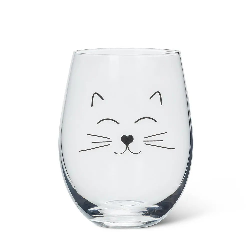 5 in. Cat Face Stemless Wine Glass, Clear & Black
