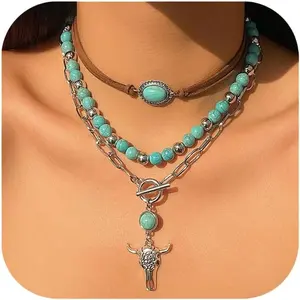 Layered Western Necklaces for Women Vintage Turquoise Beaded Western Jewelry for Women Ox-head Cactus Cross Chain Necklaces Country Concert Cowgirl Dresses Accessories