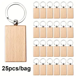 25pcs/bag Wooden Keychain, Round Rectangle Heart Shape Blank Wooden Keychain, Wooden Suitable For Laser Engrave