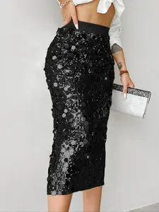 Women's Glitter   Sequins Midi Skirt, Elegant Fashion Skirt for Party Club Dating, Ladies Summer Clothes, Street Fashion Skirt