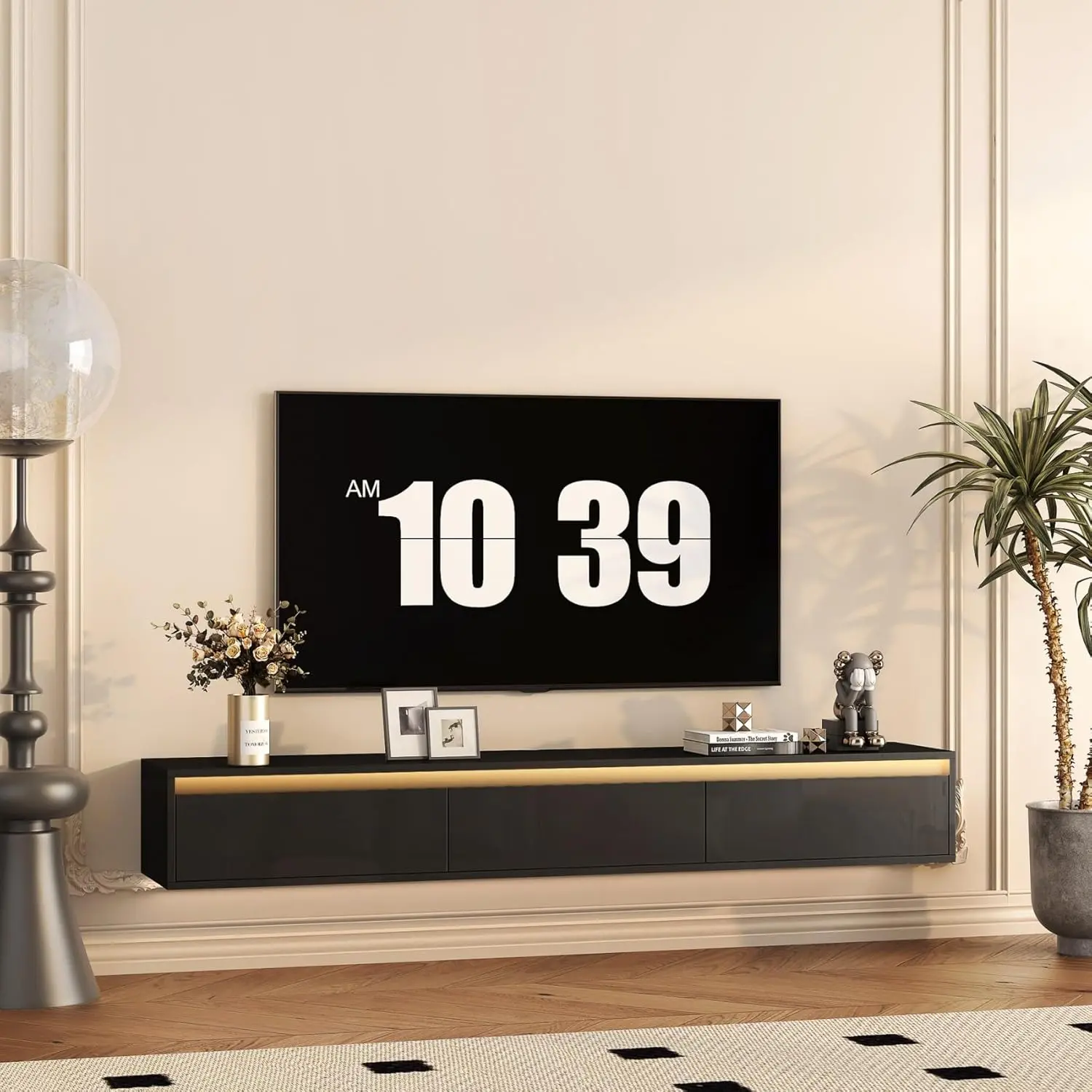 68.9 Inch Floating TV Stand Fit Up to 75 Inch TVs, Wall Mounted Black TV Console with Touch Control LED Lights & Pre-Installed Power Outlet with USB Ports, Modern Hidden Storage Floating Entertainment Center TV Shelf for Living Room