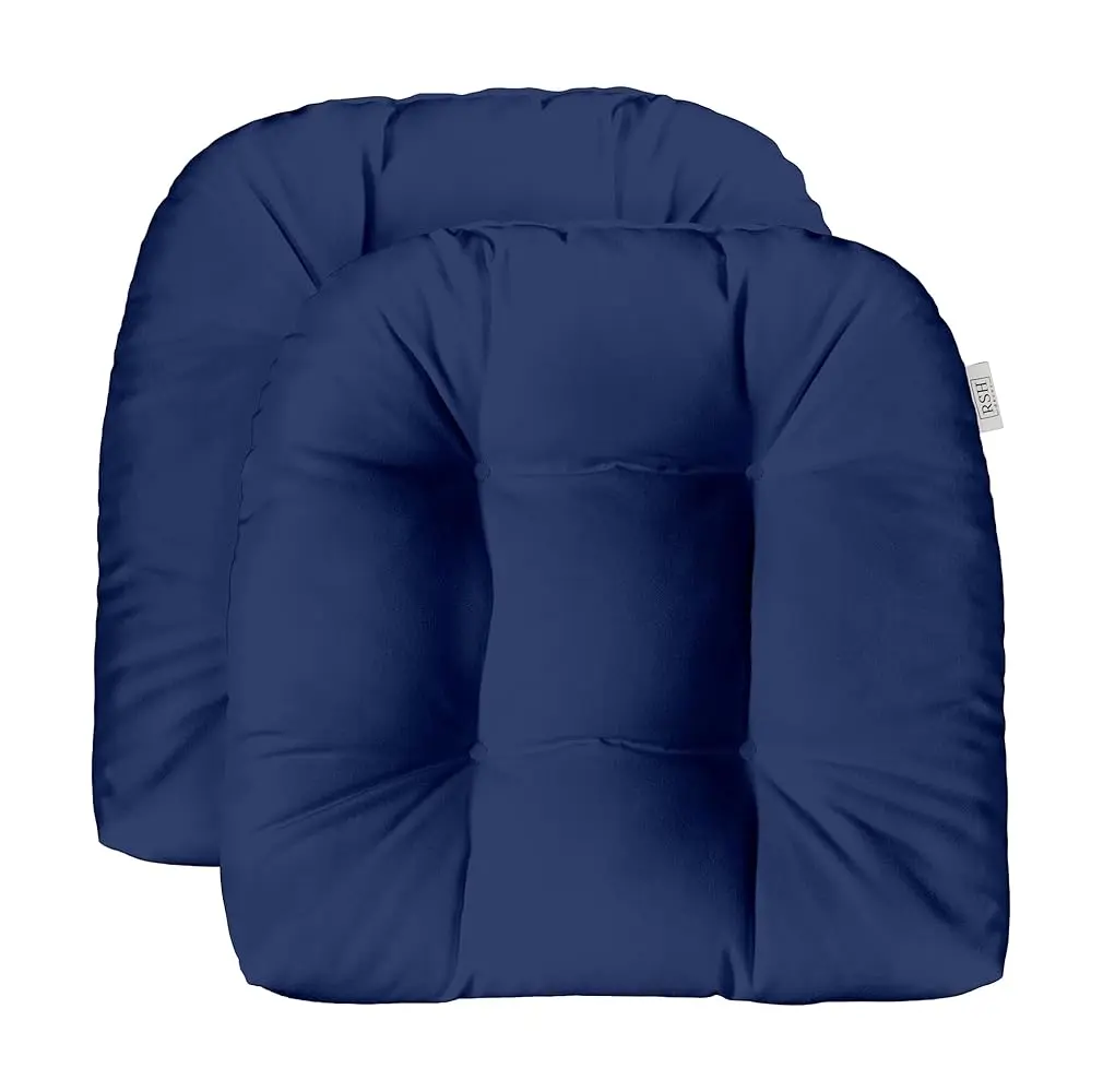 RSH Decor Tufted U-Shape Wicker Seat Cushions for Outdoor Patio Chairs, Set of 2, 19” x 19”, Water-Resistant All-Weather Fabric, Navy Blue