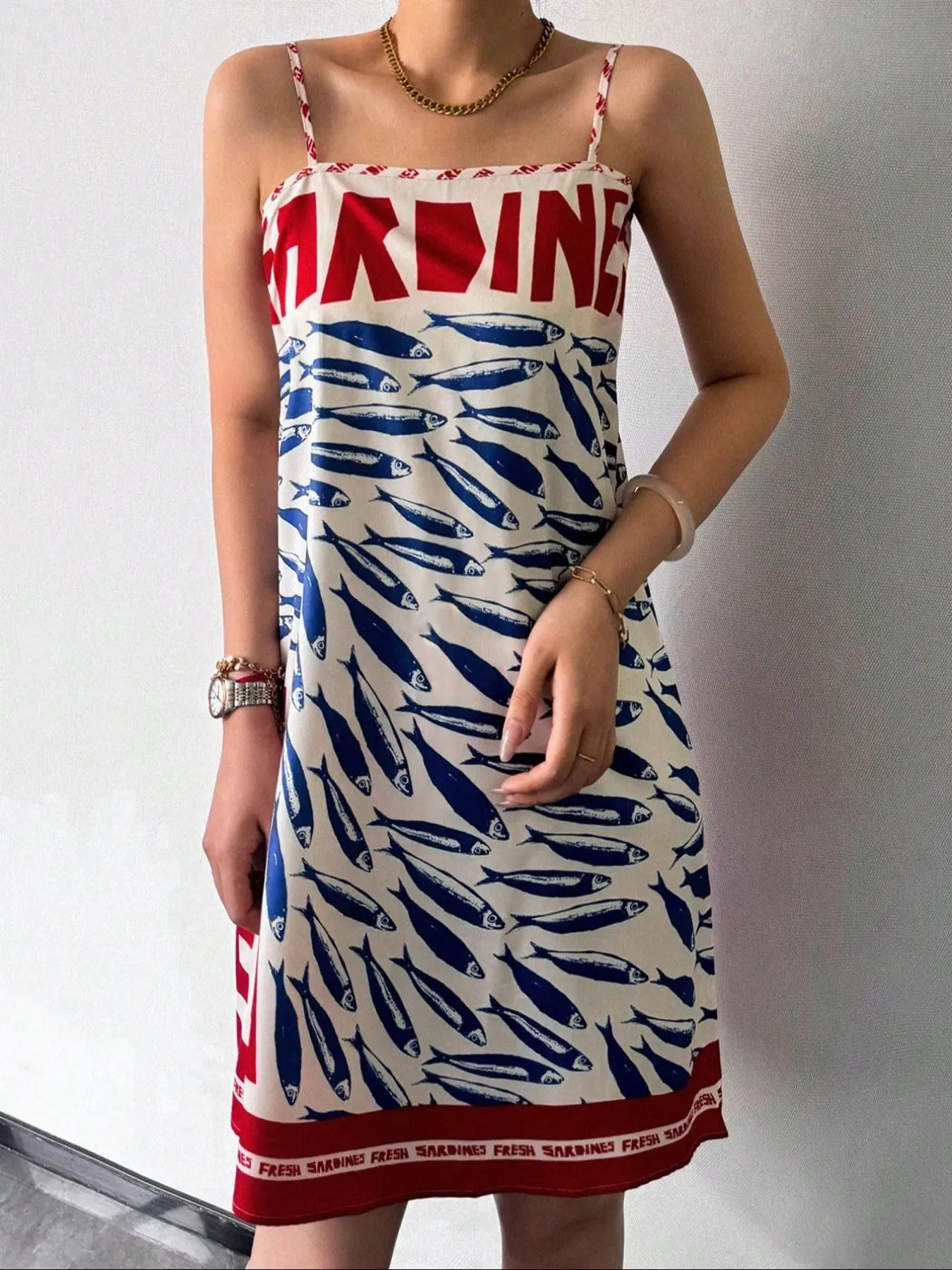 Women's Sardine Print Suspender Dress, Casual Feminine Boho Sleeveless  A-line Dress for Tropical Beach Holiday Vacation, Ladies Womenswear Summer  Clothes Beachwear - TikTok Shop