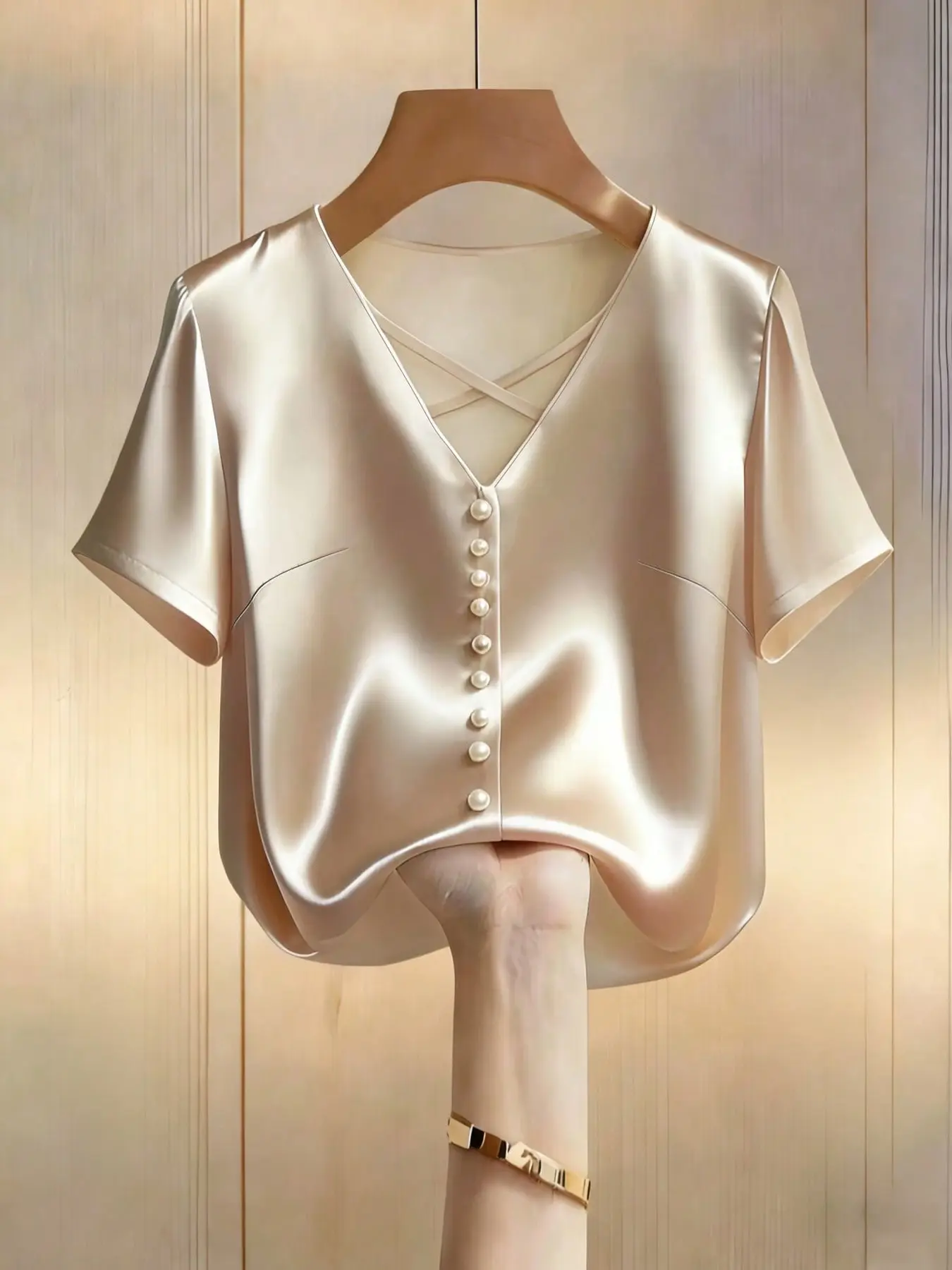 Plus Size Women's Satin Fitted Blouse, Champagne V-Neck Button Front Short Sleeve Shirt, Boho Style, All Seasons, Office Wear, Casual