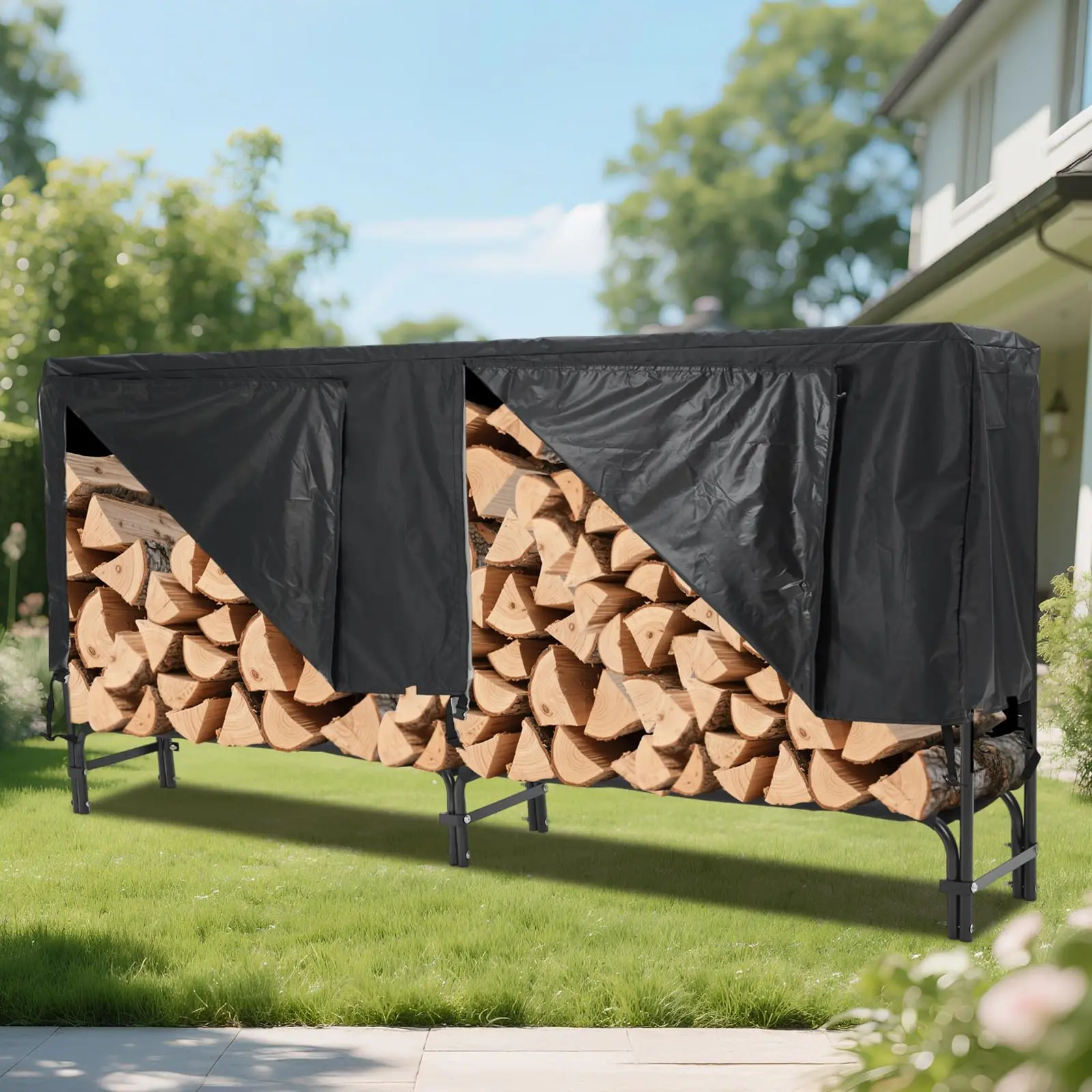GARVEE Heavy Duty 8 ft Firewood Rack for Outdoor and Indoor Use with Steel Mesh Storage, Weatherproof Cover, Ventilation Design, and Easy Assembly - Durable Log Holder for Fireplace and Patio