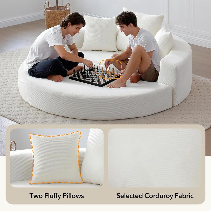 Round Boneless Couch, Corduroy Upholstered Folding Convertible Sofa Bed with Pillows, 2-in-1 Futon Sofa Bed with Half-Circle Design, Comfy Loveseat for Living Room, Apartment (Beige)