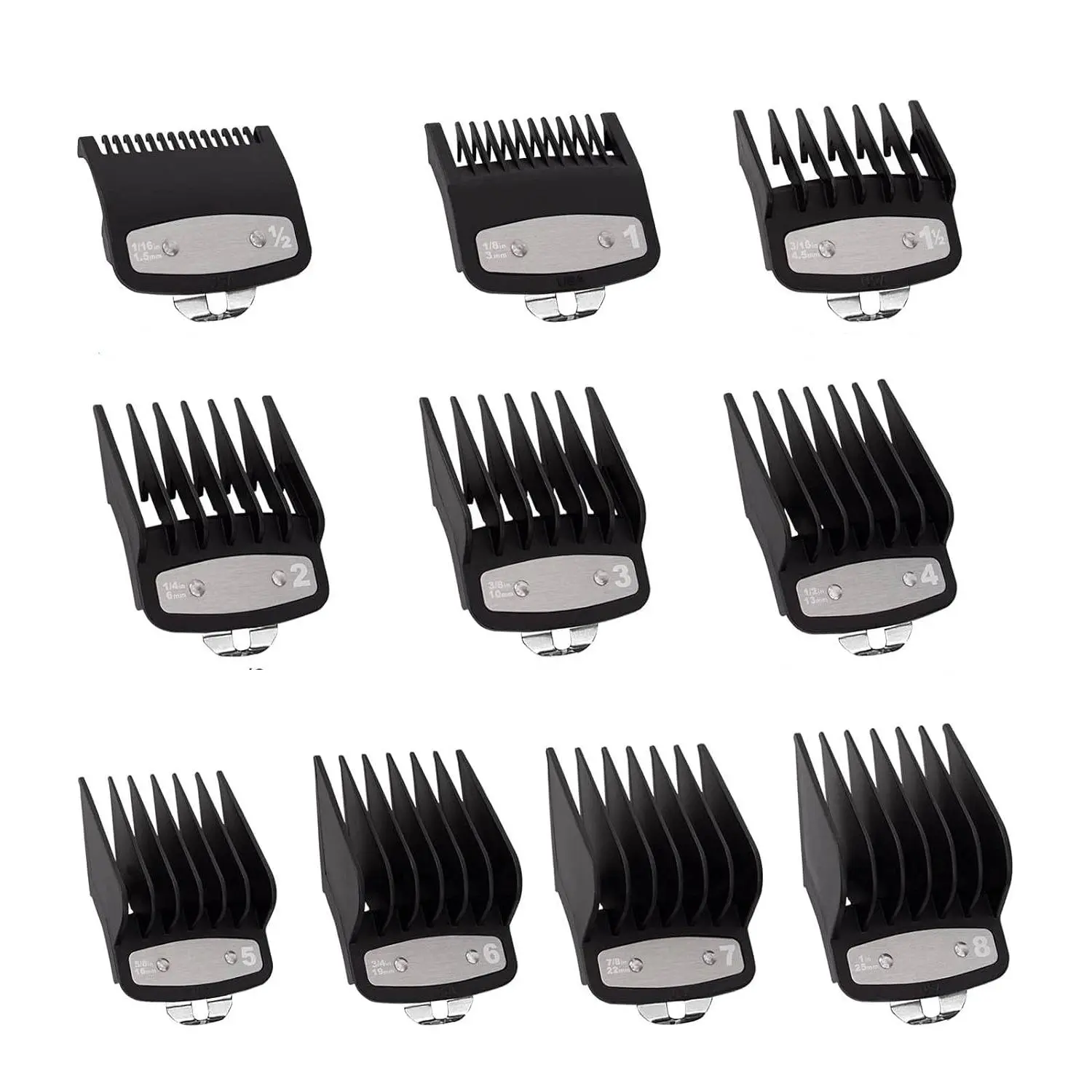 Multi-Size Metal-Clip Hair Clipper Guards, PC & Metal Precision Cut Accessories for Wahl Hair Clippers, 1.5mm-25mm, 1/16in-1in Sizes, 1.5in x 1.75in Dimensions