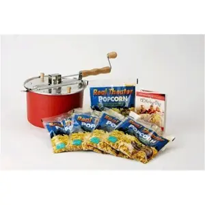 212 MAIN Barn Red Metal Portable Whirley PopTM Stovetop Popcorn Machine – Patent Stirring Mechanism, Fast Popping Functionality, 3 Real Theater Popping Kits