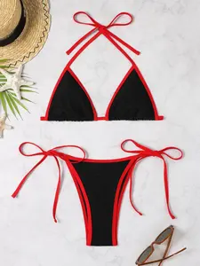 Two-Piece Set Women's Boho Contrast Binding Bikini Swimsuit, Halter Neck Tie Back Triangle Swim Bra & Tie Side Swim Bottom, Gothic Bikini, Tie Back Bikinis, Back To School Ladies Summer Swimwear for Beach Holiday Vacation