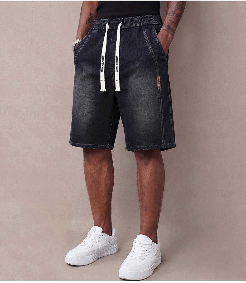 Men’s summer lightweight denim shorts — trendy short men’s pants, loose stretch mid-thigh denim shorts, classic street cotton everyday wear for men, elastic waistband drawstring denim shorts