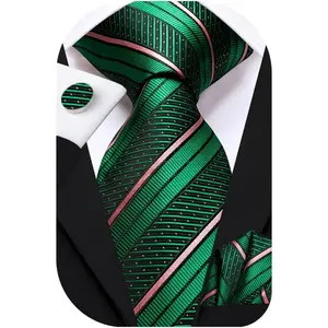 3PCS SET Mens Paisley Floral Silk Tie for Men Striped Necktie and Pocket Square Cufflinks Set Wedding Business