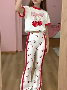 Girls' cherry print short sleeved top and flared pants 2-piece set, casual and comfortable slim fit, simple and versatile, round neck top and pants energetic set, girls' clothing, machine washable and dry cleanable, Cute Clothing Set