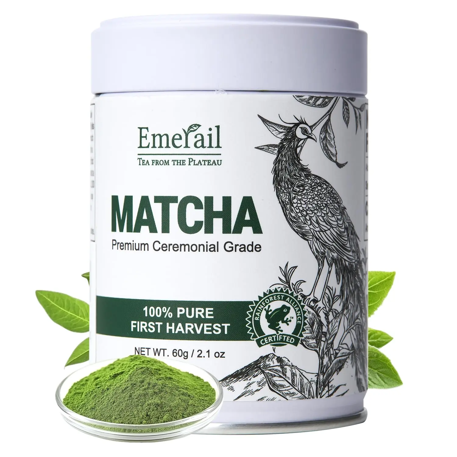 Emerail Premium Ceremonial Grade Matcha Powder (60g/2.1oz, Up to 60 Servings!) - EU Standard & Rainforest Alliance, 100% First Harvest, ZERO Bitterness