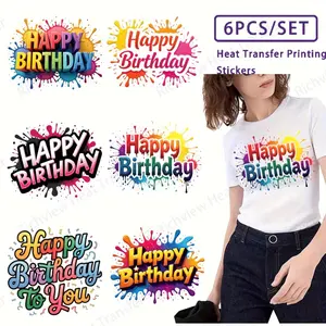 Happy Birthday Theme 6 Piece Image Heat Transfer Vinyl Stickers for DIY Washer Resistant Iron on Patches Decor for T Shirts