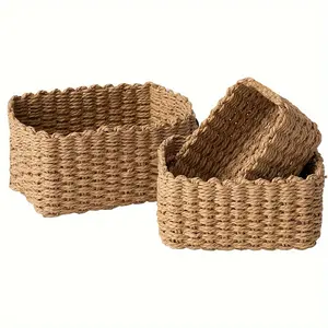 Set of 3 Paper Rope Storage Baskets for Organizing Container Bins for Shelves Cupboards Drawer, Small Woven Basket