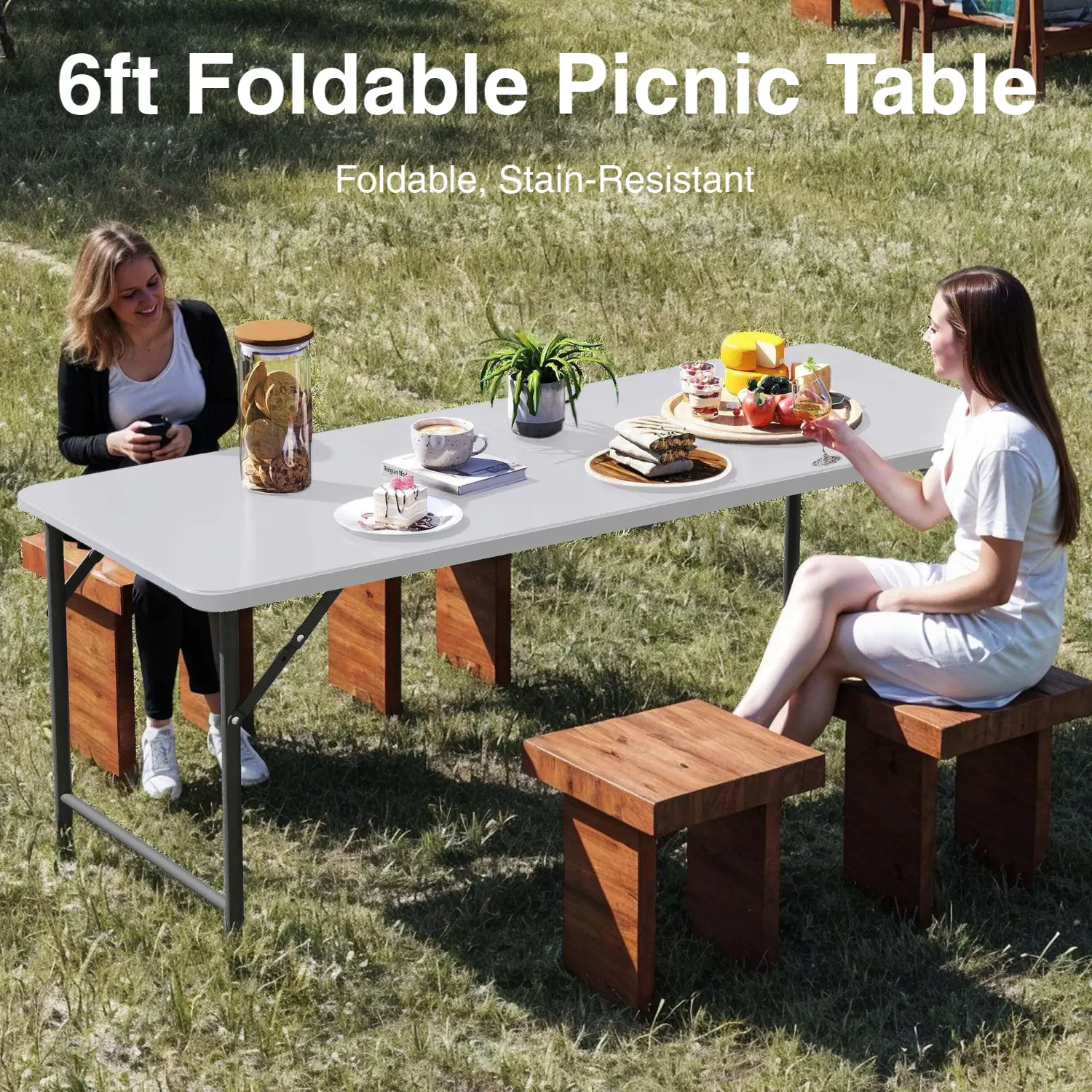 6FT Rectangular Foldable Outdoor Table - White HDPP Top (71x28 in), Waterproof Modern Portable Furniture with Carry Handle for Indoor Picnic, Camping