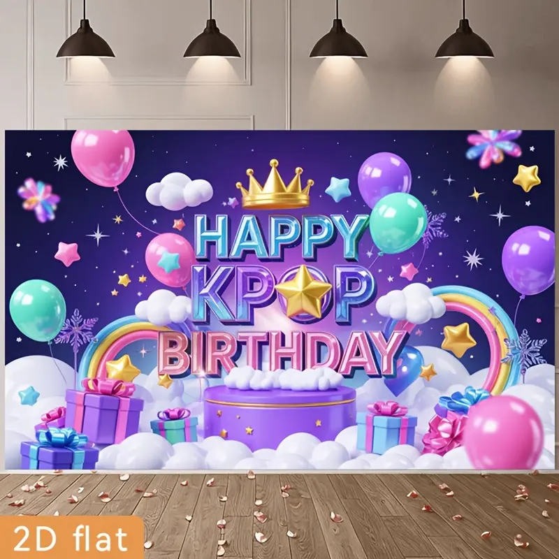 2D Flat Decorative Banner 1pc, K-pop Happy Birthday Party theme, dreamy ethereal background, suitable for home, farm, and club decoration, design High Quality Photo Studio Props, Party Decorations, Event Background, Durable Poly