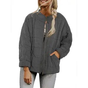Women's Vintage Oversized Cotton Coat Down Quilted Zipper Jacket Harajuku Stand Collar Long Sleeve Top