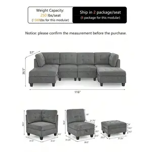 New 2024  Yoglad U Shape Sectional Comfortable Cushion DIY Sofa Combination Includes Single Chair Corner And Two Ottoman Room Organizer Storage