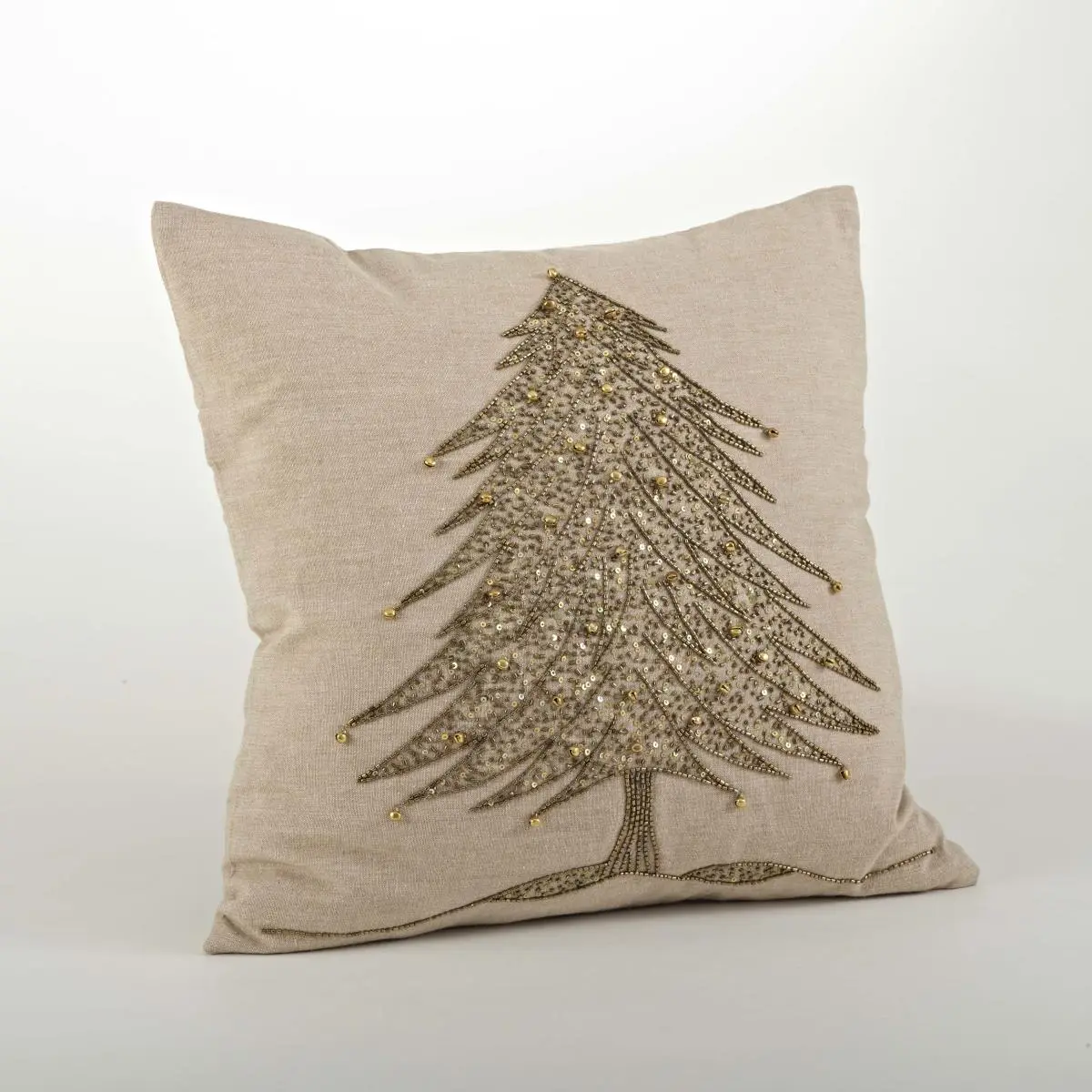 SARO 1025.GL18S Cotton Standard-Size Decorative Pillow, 18 in. Beaded Christmas Tree Design, Gold Theme Home Bedding Accessory