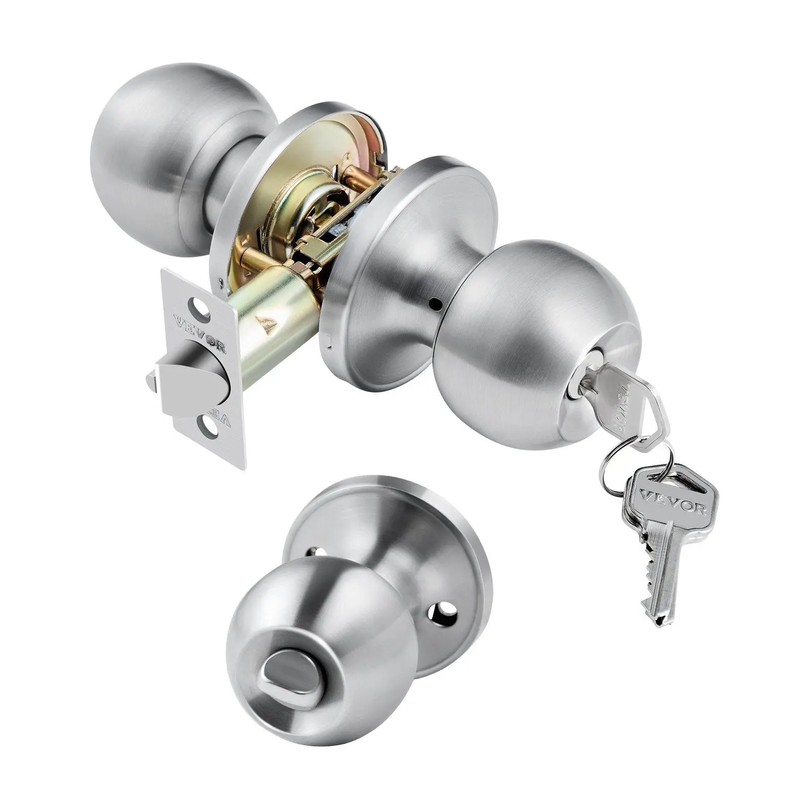 Keyed Entry Door Knob, Satin Nickel Door Knob with Round Ball, Keyed Exterior & Thumb Turn Lock Interior, All Metal Doorknobs Hardware with Lock and Keys, Modern Design for Bedroom & Bathroom